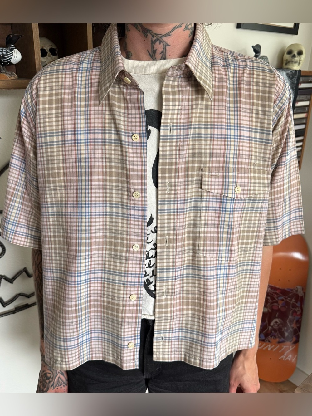 Vintage 80s Cropped Boxy Plaid S/S Button Down Shirt Arrow ~ Size Large - Picture 2 of 9